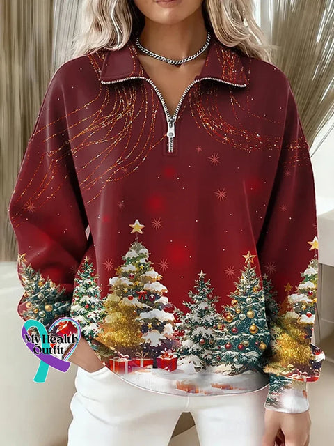 Christmas Casual Long Sleeve Zip Sweatshirt Multicolor / S