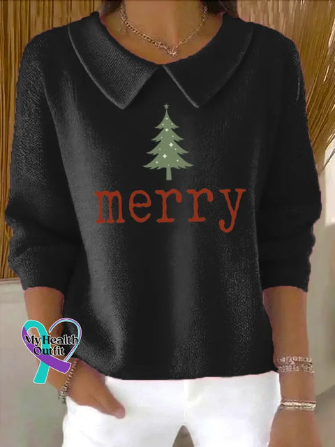 Christmas Casual Peter Pan Collar 3/4 Sleeve Sweater Black / S