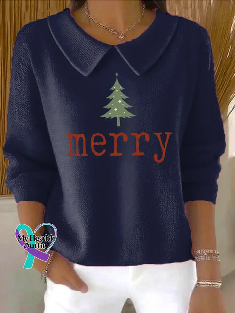 Christmas Casual Peter Pan Collar 3/4 Sleeve Sweater Blue / S