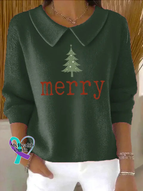 Christmas Casual Peter Pan Collar 3/4 Sleeve Sweater Green / S