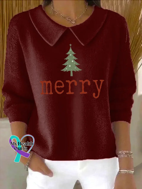 Christmas Casual Peter Pan Collar 3/4 Sleeve Sweater Red / S