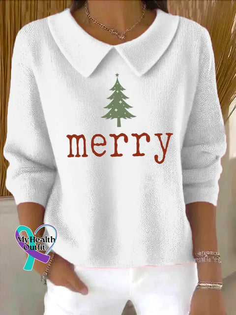 Christmas Casual Peter Pan Collar 3/4 Sleeve Sweater White / S