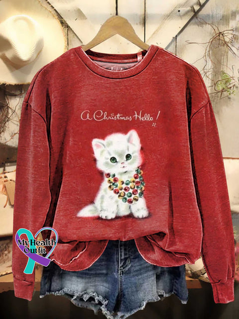 Christmas Cat A Christmas Hello Casual Cotton Sweatshirt Multicolor / S