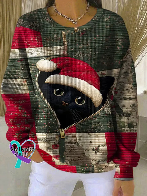 Christmas Cat Art Print Casual Sweatshirt Multicolor / L