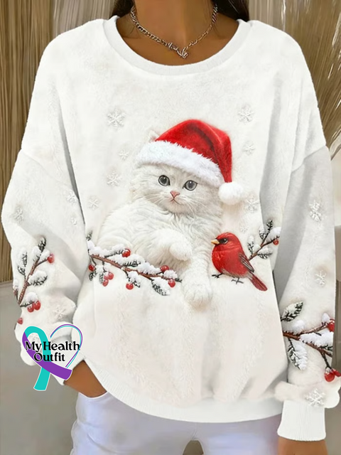 Christmas Cat Bird Pattern Warm Crew Neck Sweater Multicolor / S