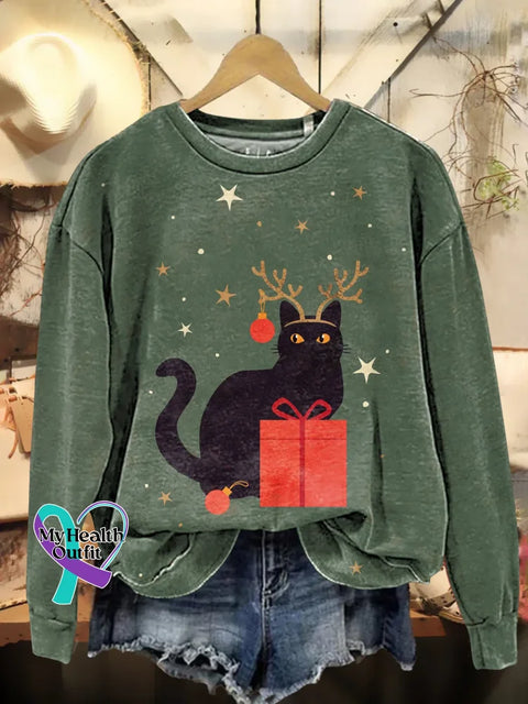 Christmas Cat Casual Cotton Sweatshirt Multicolor / S
