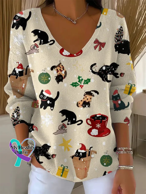 Christmas Cat Casual Pullover Sweater Multicolor / S