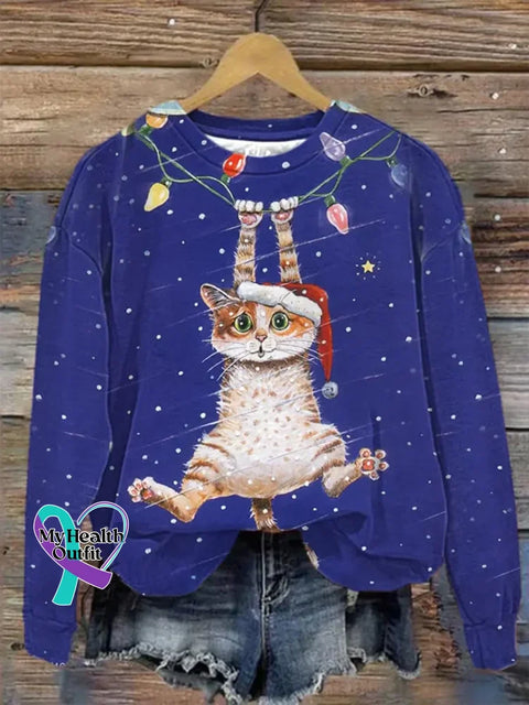Christmas Cat Pattern Art Print Casual Cotton Sweatshirt Blue / S