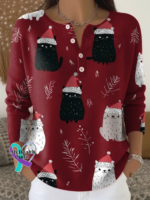 Christmas Cat Print Buttoned Cardigan Sweater Multicolor / S