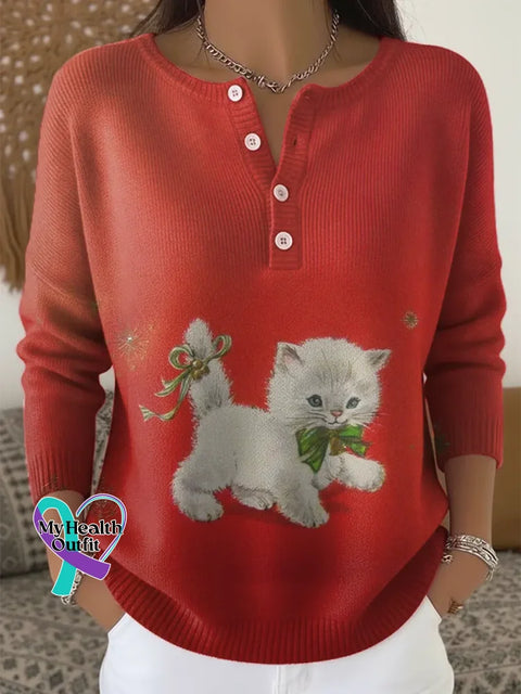 Christmas Cat Print Buttoned Cardigan Sweater Multicolor / S