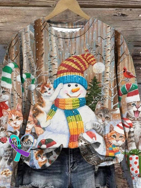 Christmas Cat Print Casual Sweatshirt