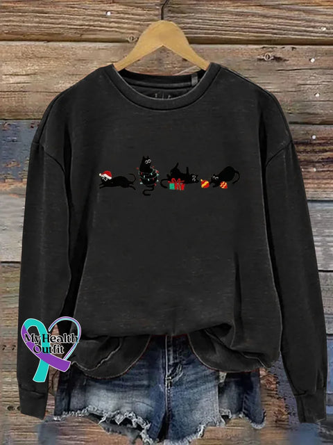 Christmas Cat Print Casual Sweatshirt Black / S
