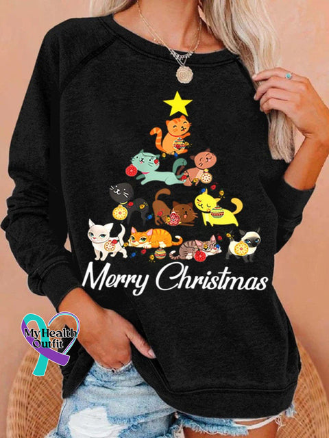 Christmas Cat Print Casual Sweatshirt Black / S