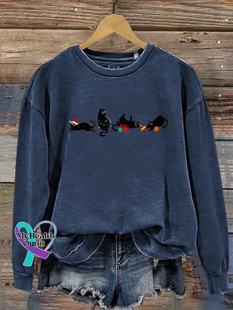 Christmas Cat Print Casual Sweatshirt Blue / S