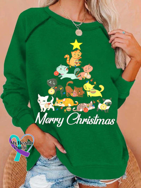 Christmas Cat Print Casual Sweatshirt Green / S