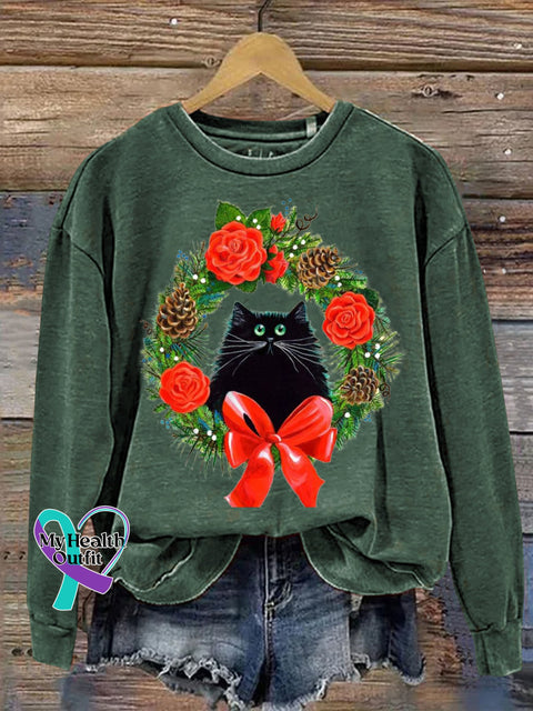 Christmas Cat Print Casual Sweatshirt Green / S
