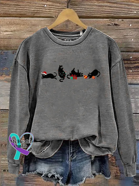 Christmas Cat Print Casual Sweatshirt Grey / S