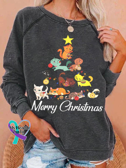Christmas Cat Print Casual Sweatshirt Grey / S