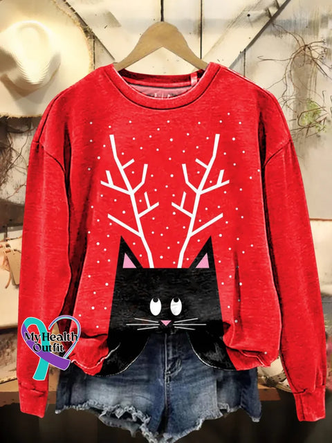 Christmas Cat Print Casual Sweatshirt Multicolor / S