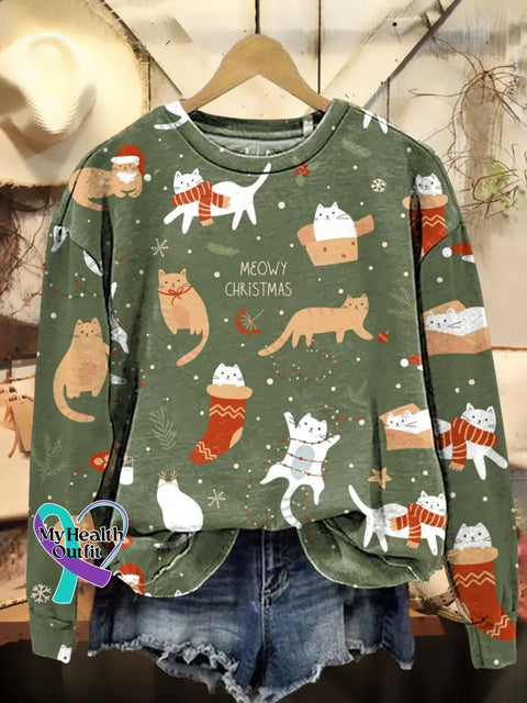 Christmas Cat Print Casual Sweatshirt Multicolor / S