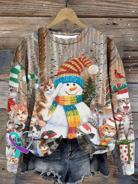 Christmas Cat Print Casual Sweatshirt Multicolor / S