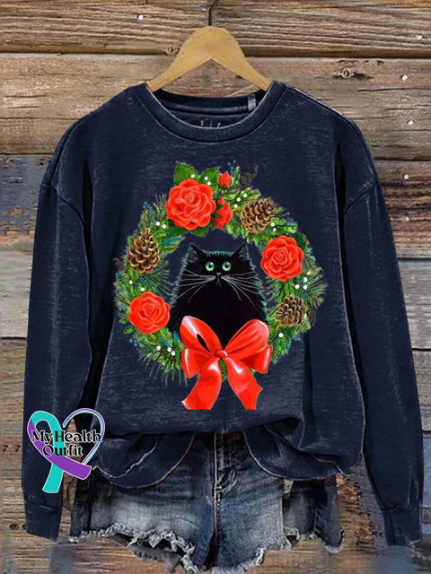 Christmas Cat Print Casual Sweatshirt Navyblue / S