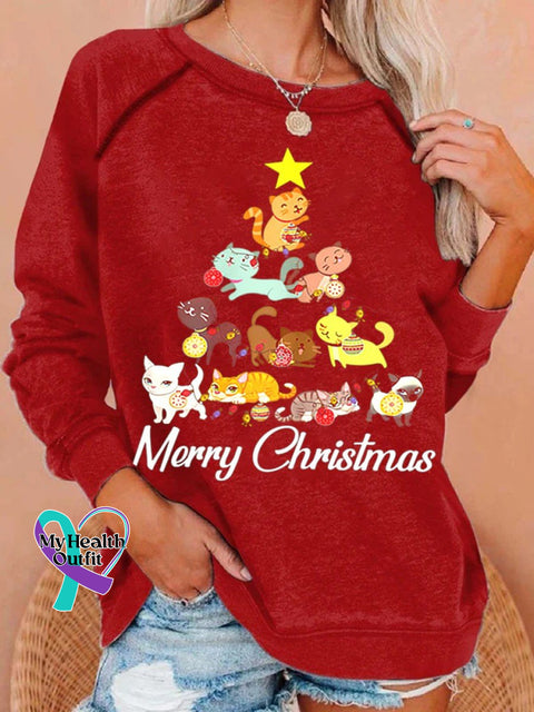 Christmas Cat Print Casual Sweatshirt Red / S