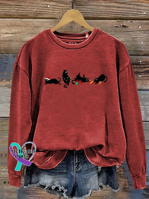 Christmas Cat Print Casual Sweatshirt Red / S