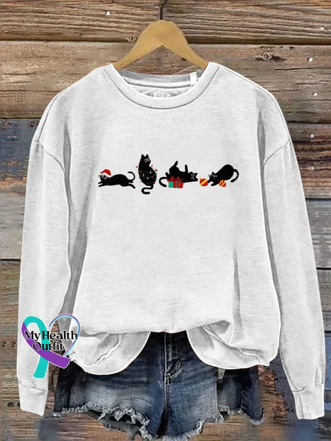 Christmas Cat Print Casual Sweatshirt White / S