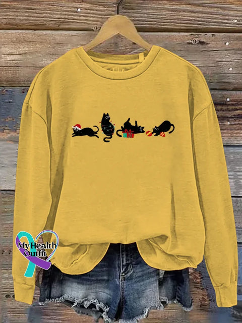 Christmas Cat Print Casual Sweatshirt Yellow / S