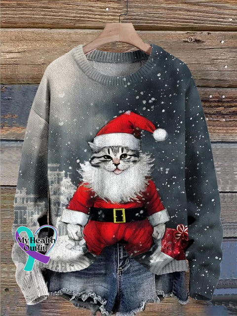 Christmas Cat Print Knit Pullover Sweater Multicolor / S
