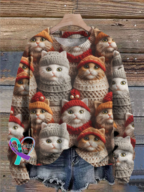 Christmas Cat Print Knit Pullover Sweater Multicolor / S