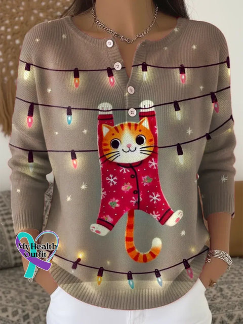Christmas Cats Print Buttoned Cardigan Sweater Multicolor / S
