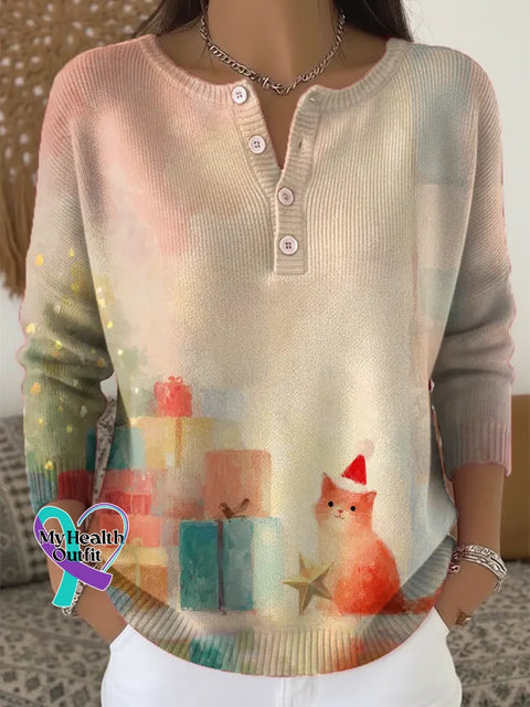 Christmas Cats Print Buttoned Cardigan Sweater Multicolor / S
