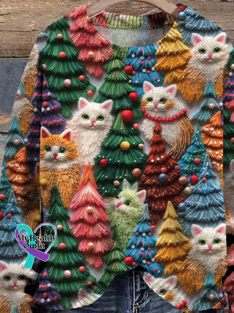 Christmas Cats Print Knit Pullover Sweater