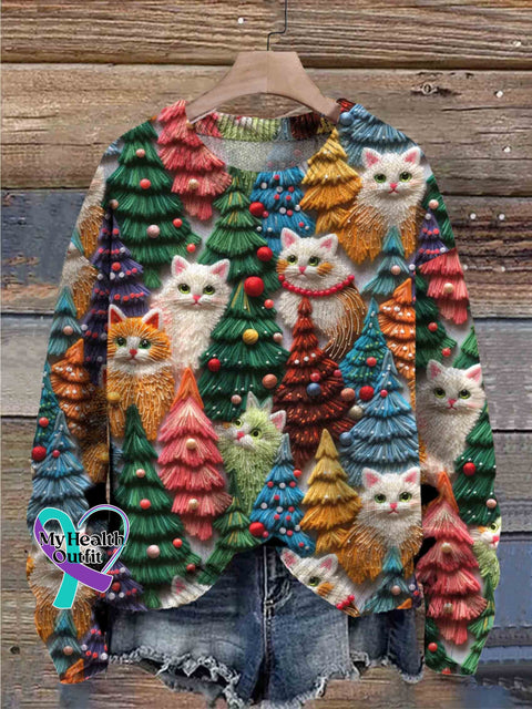 Christmas Cats Print Knit Pullover Sweater Multicolor / S