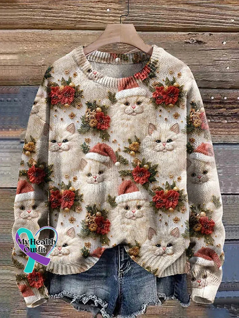 Christmas Cats Print Knit Pullover Sweater Multicolor / S
