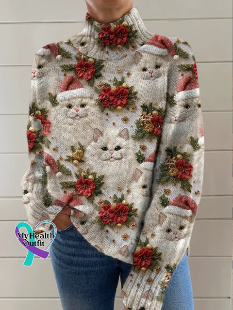 Christmas Cats Print Knit Turtleneck Pullover Sweater Multicolor / S