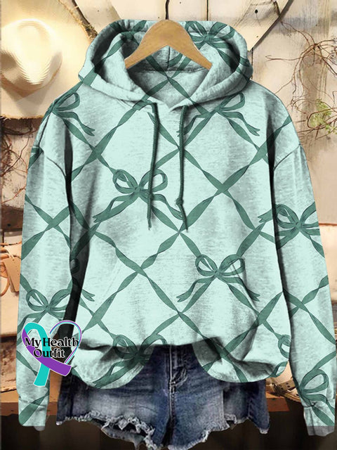 Christmas Check Green Bow Hooded Casual Sweatshirt Multicolor / S