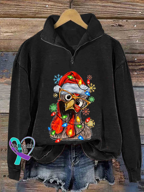 Christmas Chicken Print Casual Zipper Sweatshirt Black / S