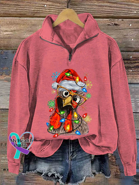 Christmas Chicken Print Casual Zipper Sweatshirt Graypink / S