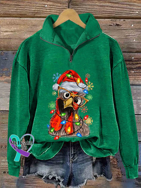 Christmas Chicken Print Casual Zipper Sweatshirt Green / S