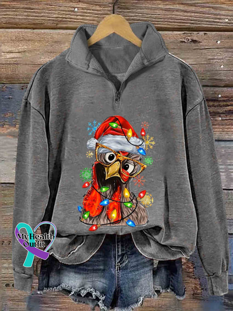 Christmas Chicken Print Casual Zipper Sweatshirt Grey / S