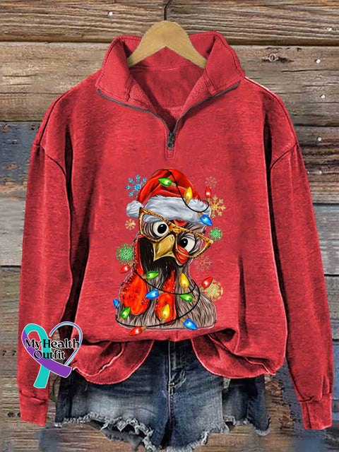Christmas Chicken Print Casual Zipper Sweatshirt Red / S