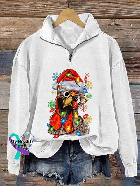Christmas Chicken Print Casual Zipper Sweatshirt White / S