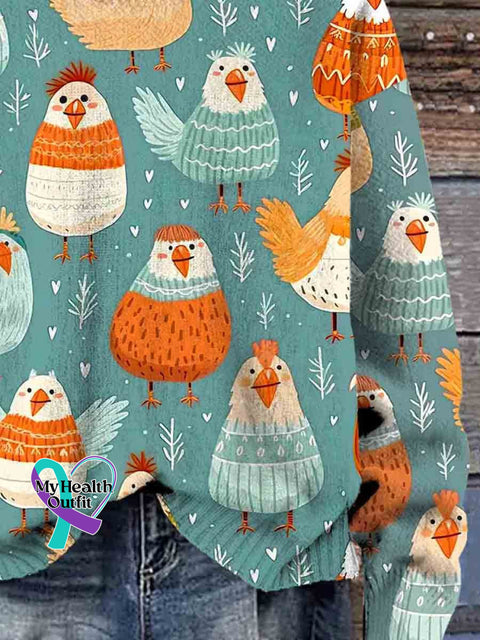 Christmas Chickens In Sweaters Cute Art Print Knit Pullover Sweater