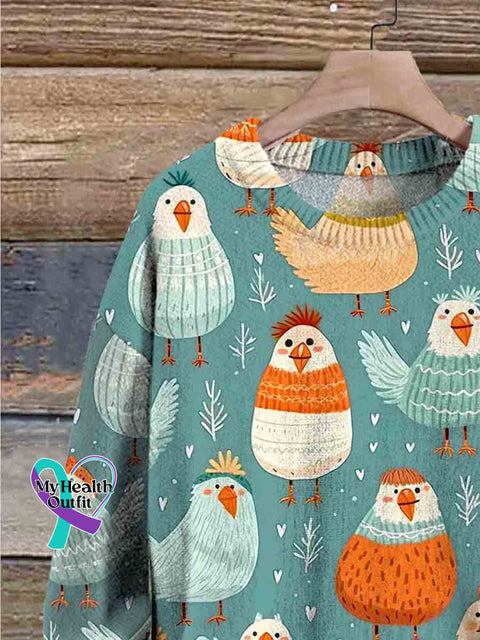 Christmas Chickens In Sweaters Cute Art Print Knit Pullover Sweater