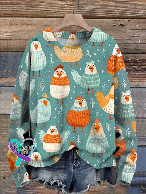 Christmas Chickens In Sweaters Cute Art Print Knit Pullover Sweater Green / S