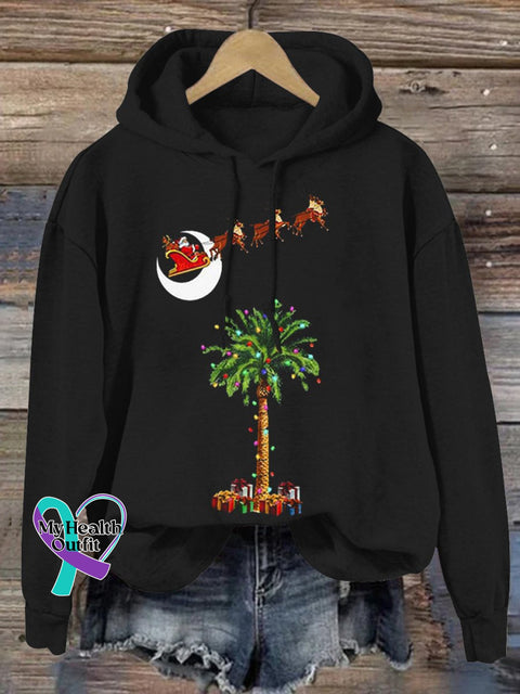 Christmas Coconut Tree Santa Elk Gift Print Casual Sweatshirt Black / S