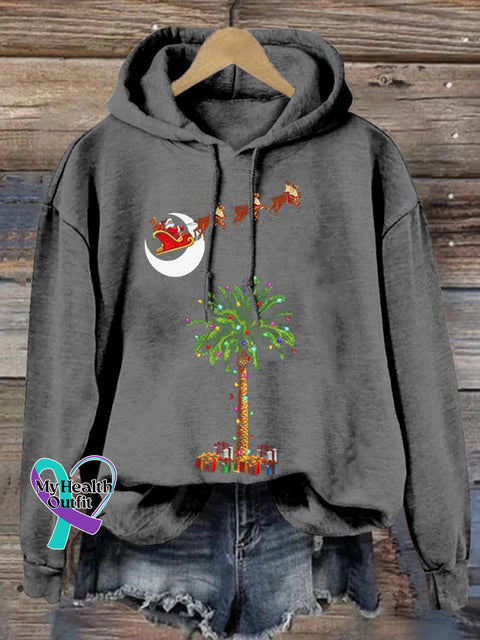 Christmas Coconut Tree Santa Elk Gift Print Casual Sweatshirt Grey / S